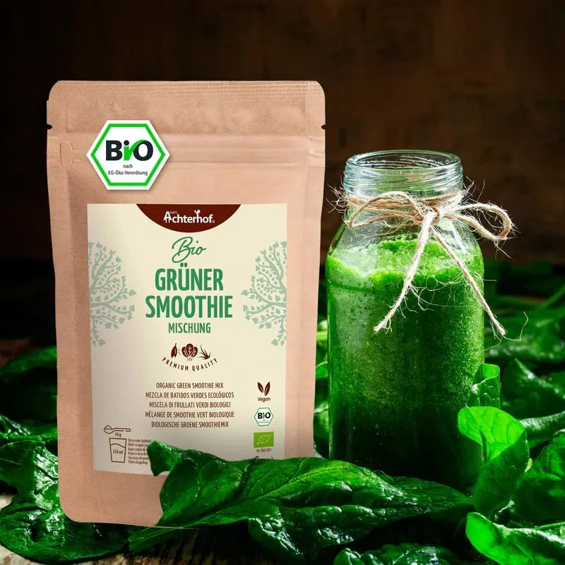 Grüne Smoothie Mischung Bio 250g | 8 wertvolle Gemüsezutaten | Spinat, Erbsenprotein, Gerstengras, Weizengras, Apfelpulver, Inulin, Grünkohl & Löwenzahnblätter | Bio-Qualität | vom Achterhof