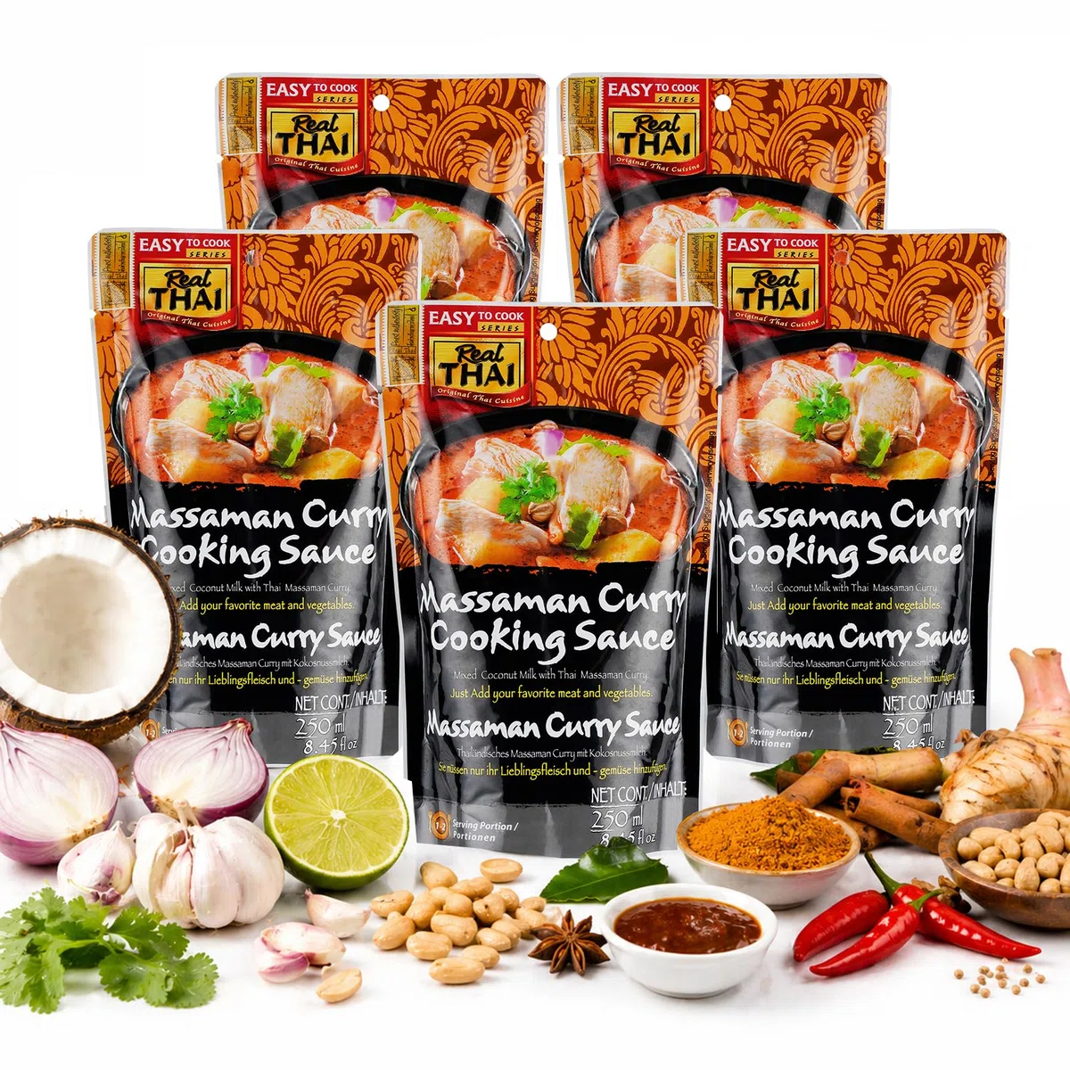Real Thai Massaman Curry Sauce 250ml – 5er Pack – Authentische Thailändische Currysauce mit Kokosnussmilch – Fertigsauce ohne Zusatzstoffe – Original Thai Curry, Würzsauce für Asiatische Gerichte | Authentische Thailändische Currysauce mit Kokosnussmilch