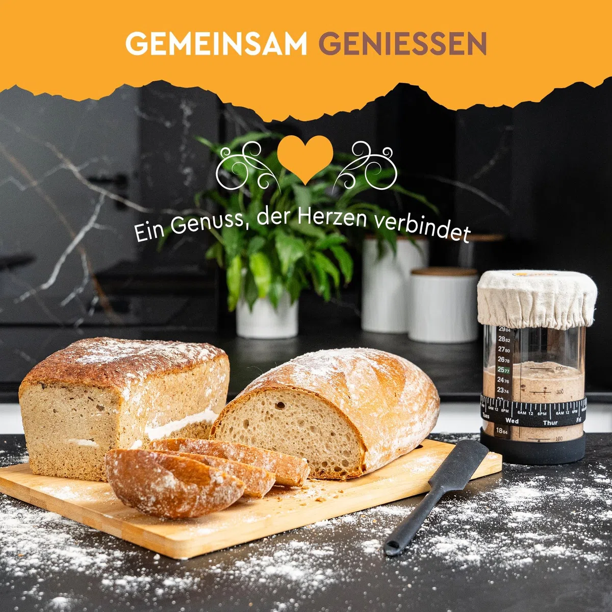 Sauerteig Starter Set, 700 ml Gärglas aus Borosilikatglas mit Spatel, Thermometer & Fütterungsband, Komplettes Sauerteig Starter Kit