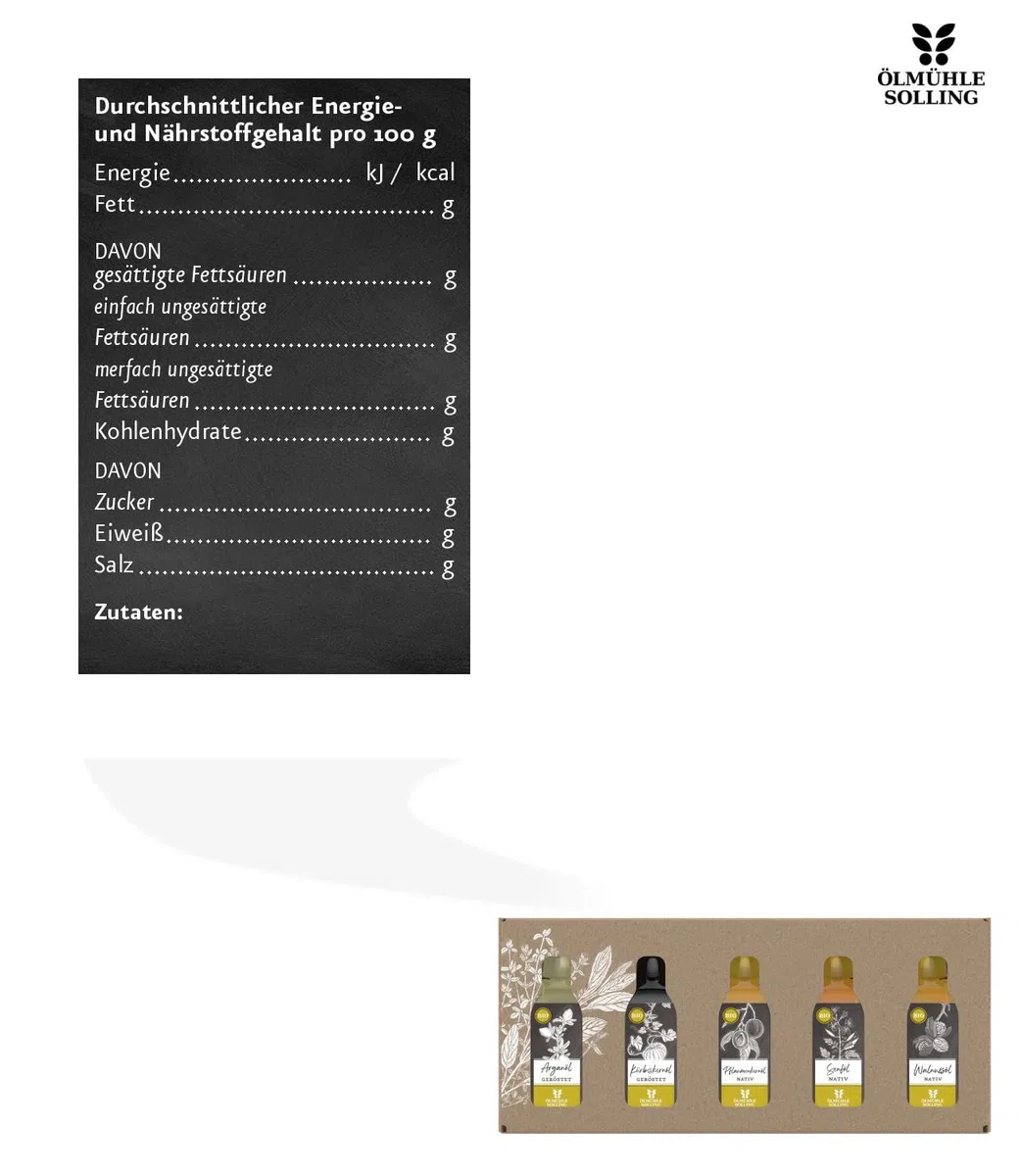Ölmühle Solling Geschenkset NO. 2 kernige und nussige Öle, BIO - Arganöl geröstet, Kürbiskernöl geröstet, Pflaumenkernöl, Senföl, Walnussöl
