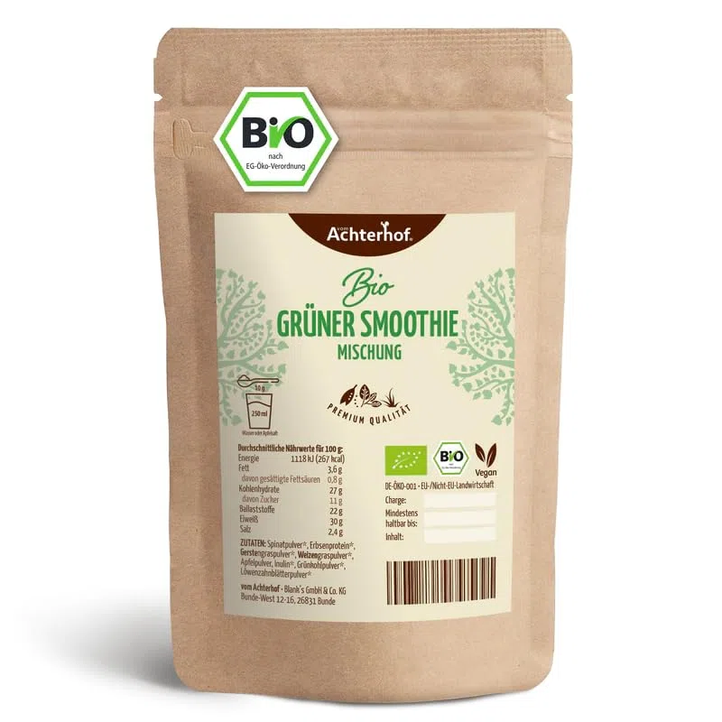 Grüne Smoothie Mischung Bio 250g | 8 wertvolle Gemüsezutaten | Spinat, Erbsenprotein, Gerstengras, Weizengras, Apfelpulver, Inulin, Grünkohl & Löwenzahnblätter | Bio-Qualität | vom Achterhof