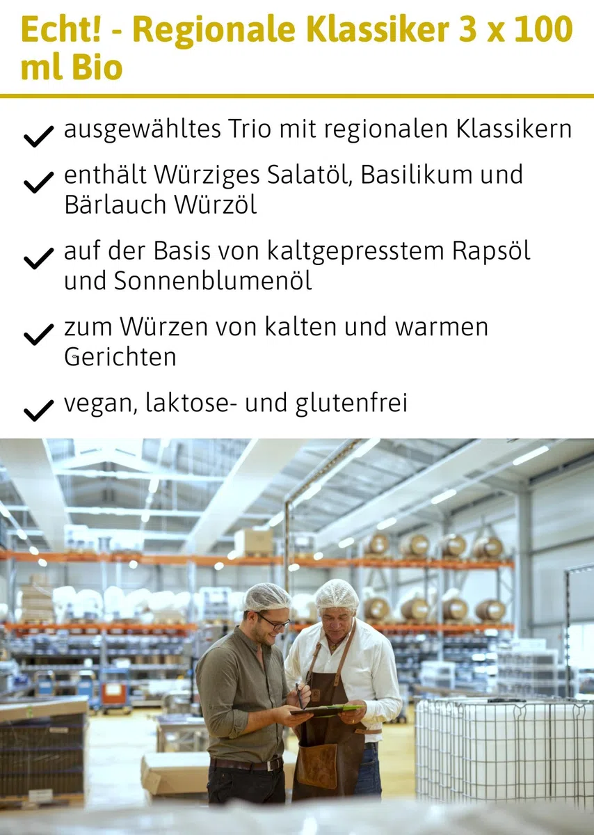 Ölmühle Solling Set Echt! Regionale Klassiker, bio, 3 x 100 ml Flaschen, Öle: Basilikumöl, Bärlauchöl, Suppengrünöl