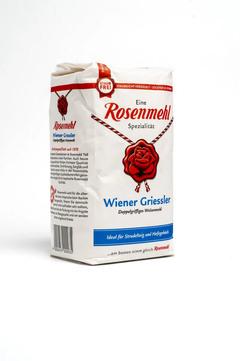 Rosenmehl - 5er Set Premium Wiener Griessler Doppelgriffiges Weizenmehl 1000 g - Ideal für Strudelteig und Hefegebäck - Feinkörnig dank besonderem Mahlverfahren - Mehl für elastische Teige