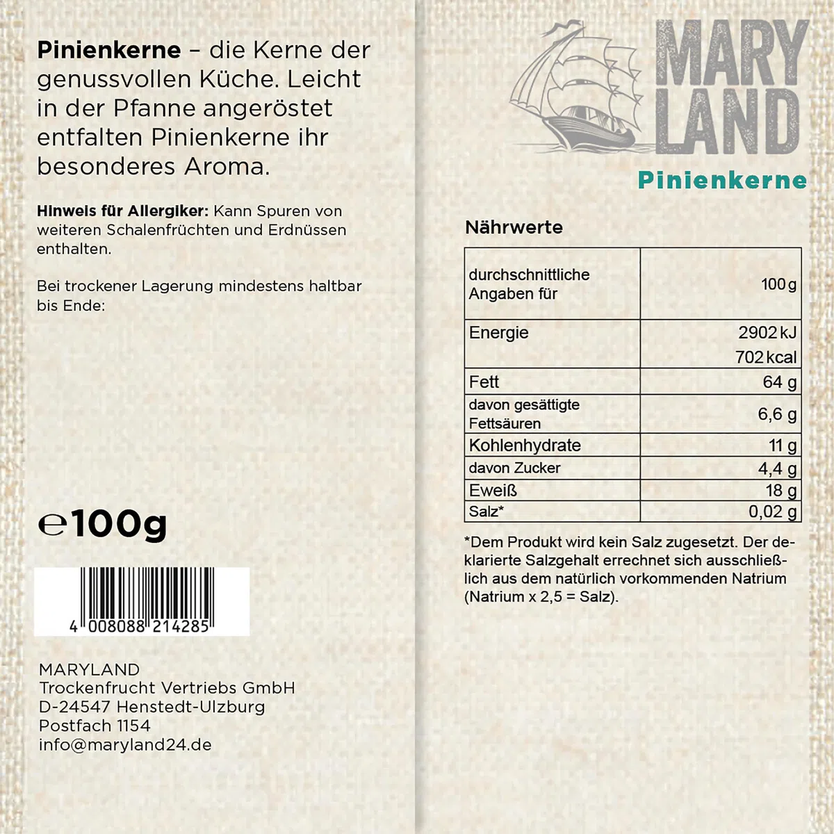 Maryland Pinienkerne 100g Beutel 16er Pack – Pinienkerne naturbelassen, vegan, frei von künstlichen Aromen, ohne Zusatzstoffe – Im kompakten Format genießen (16 x 100g)