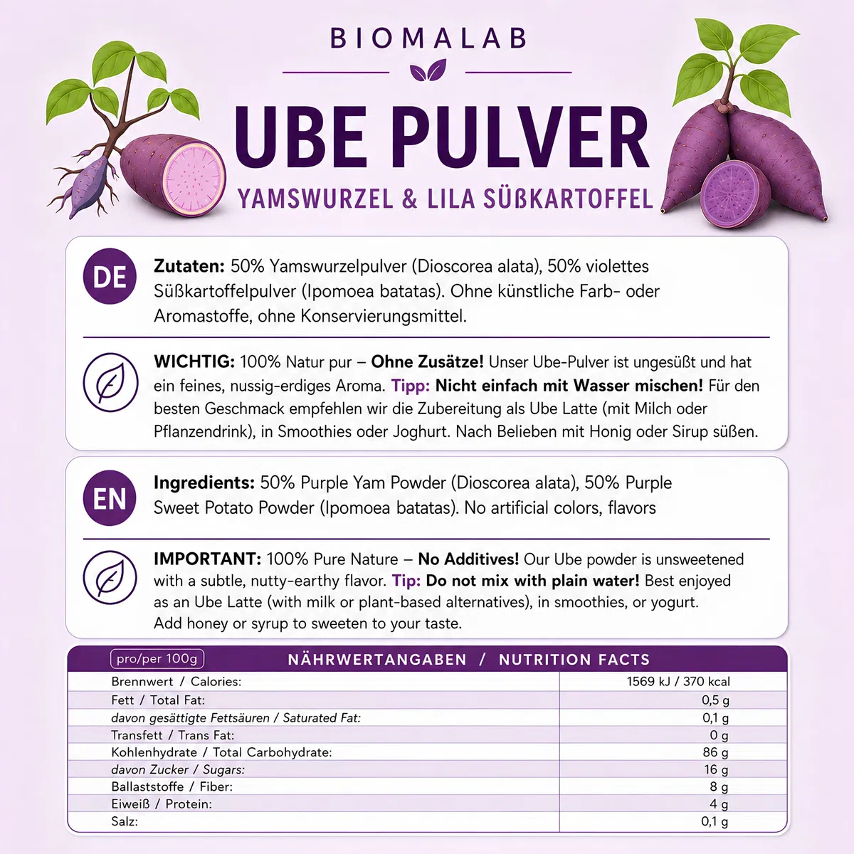 Biomalab Ube Pulver – 100% Natürliche Yamswurzel & Lila Süßkartoffel – Premium Purple Yam Powder – Vegan, Glutenfrei & Ohne Zuckerzusatz – Ideal für Ube Latte, Bubble Tea & Backen (150 g)