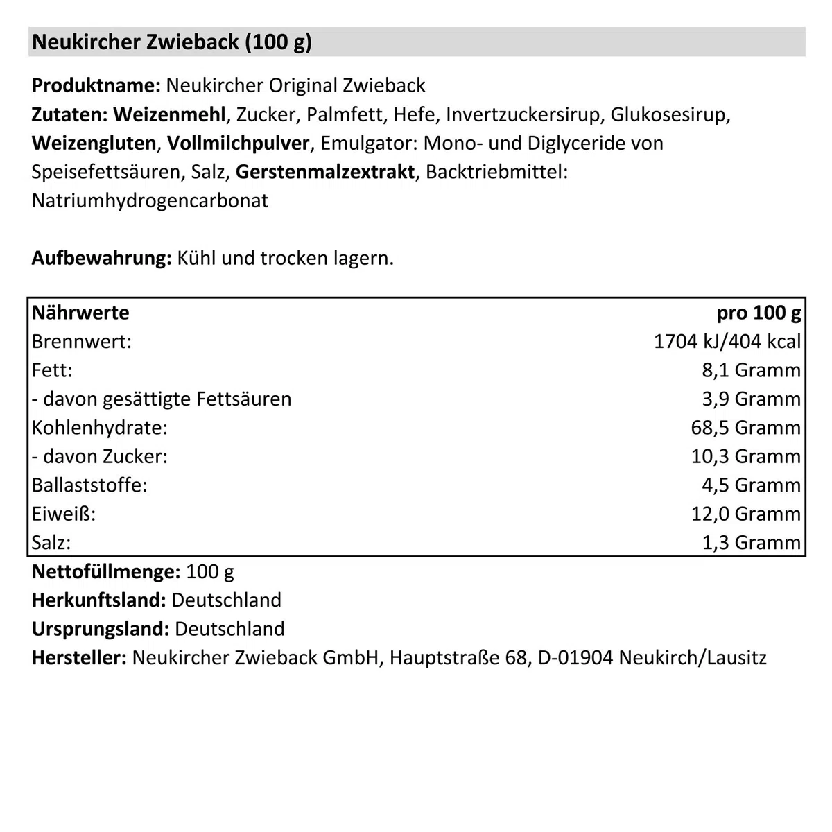 14er Sparpack Original Neukircher Zwieback (14 x 100 g) herzhaft & knusprig leicht verdaulich vollmundiger Geschmack