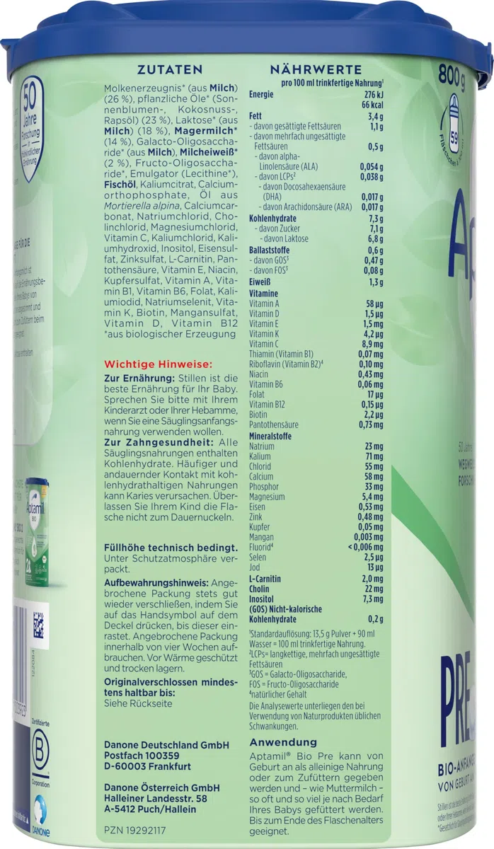 Aptamil Bio Pre – Anfangsmilch von Geburt an – Pflanzliche Öle ohne Palmöl – 1 x 800 g