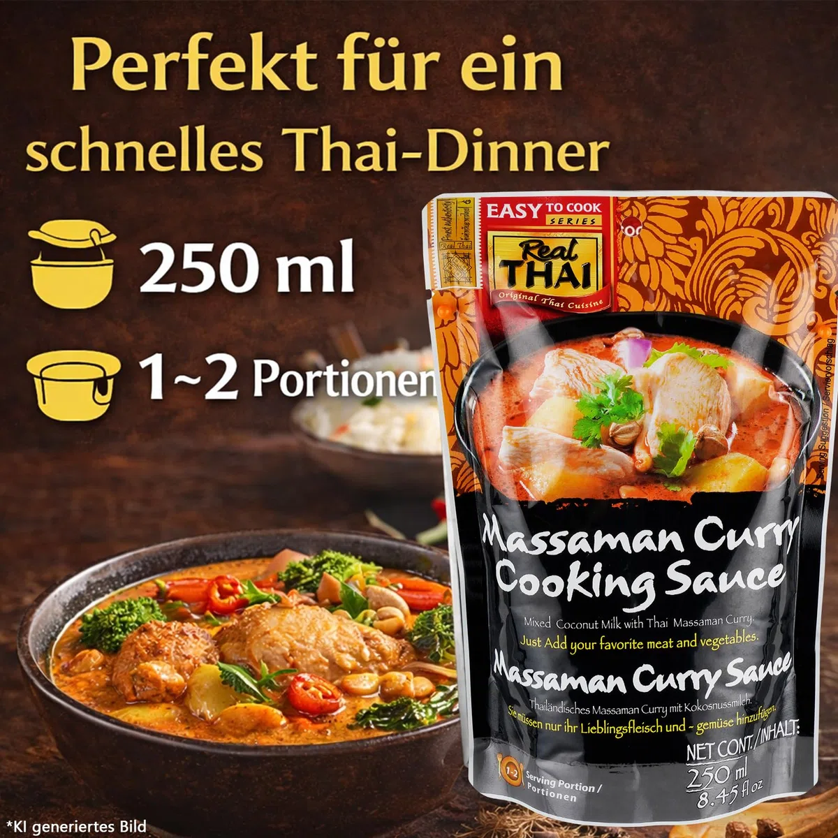 Real Thai Massaman Curry Sauce 250ml – 5er Pack – Authentische Thailändische Currysauce mit Kokosnussmilch – Fertigsauce ohne Zusatzstoffe – Original Thai Curry, Würzsauce für Asiatische Gerichte | Authentische Thailändische Currysauce mit Kokosnussmilch