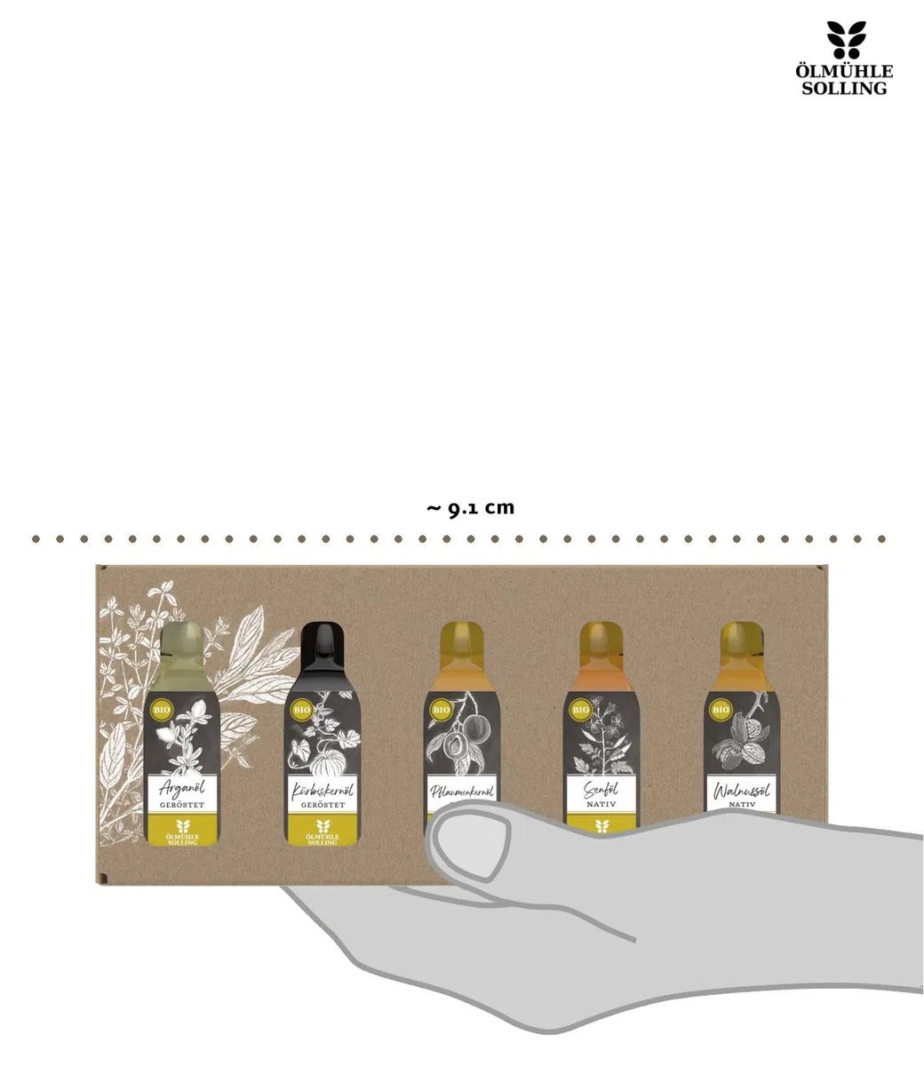 Ölmühle Solling Geschenkset NO. 2 kernige und nussige Öle, BIO - Arganöl geröstet, Kürbiskernöl geröstet, Pflaumenkernöl, Senföl, Walnussöl