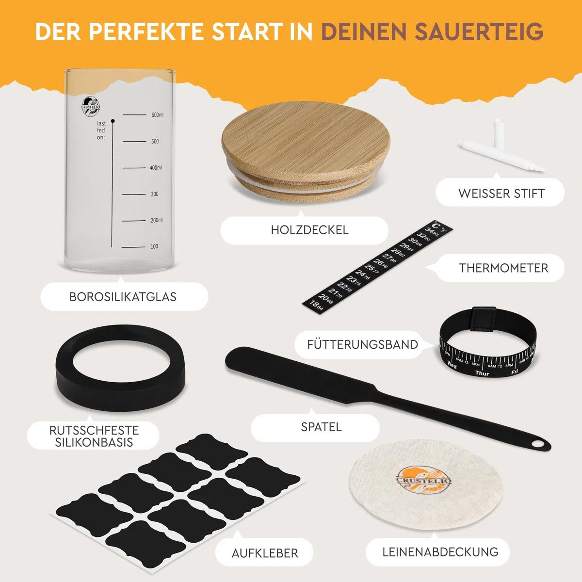 Sauerteig Starter Set, 700 ml Gärglas aus Borosilikatglas mit Spatel, Thermometer & Fütterungsband, Komplettes Sauerteig Starter Kit