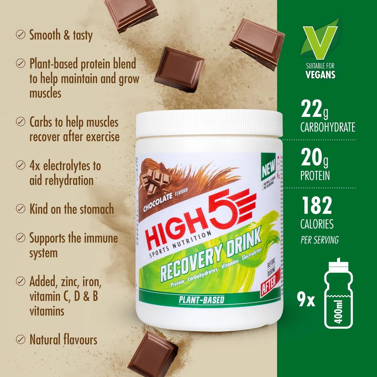 HIGH5 Recovery Drink - Protein Pulver (Whey Protein) & Kohlenhydrate Pulver für Muskelaufbau - Elektrolyt Pulver für Hydration & Regeneration - Post Workout Shake (Pflanzliche Schokolade, 450g, 9x)