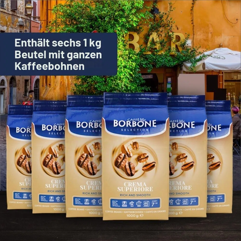 CAFFÈ BORBONE Selection Crema Superiore ganze Kaffeebohnen 6x1000g | Nussig im Geschmack mittlere Röststufe 60% Arabica 40% Rosbusta Bohnen