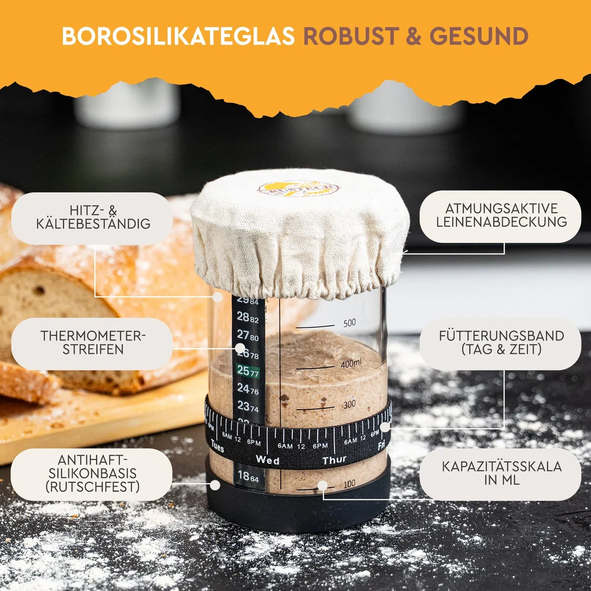 Sauerteig Starter Set, 700 ml Gärglas aus Borosilikatglas mit Spatel, Thermometer & Fütterungsband, Komplettes Sauerteig Starter Kit