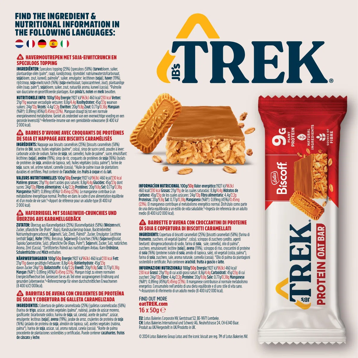 JB's TREK Protein Haferriegel | Biscoff | Pflanzliches Protein | Vegan | 16 x 50g Riegel | 800g